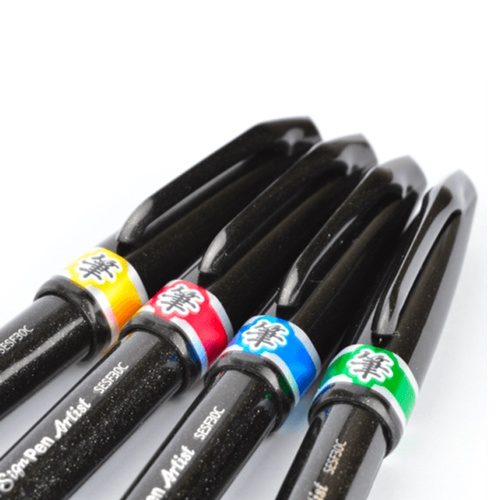 Pentel SESF30C Brush Sign Pen Artist punta a pennello extra fine taschina 4 pz nero, arancio, rosa, azzurro 
